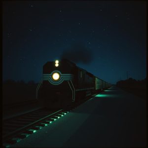 Slow train rollin through the night Rumbling engine a ghost in the light Hot tracks hum beneath the wheels so tight IMAGE