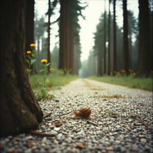 Walkin the gravel n dirt trail Almost stepped on a passing snail Loven the oaks and pine so tall Brushing by a marigold wall